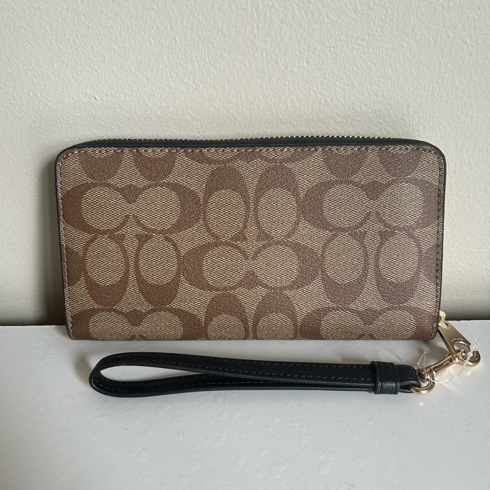 Coach Signature‎ Canvas Long Zip Around Wallet Khaki Black C4452 Wristlet - Picture 2 of 4